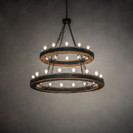 Dowling chandelier illuminated with Edison bulbs in ambient setting.