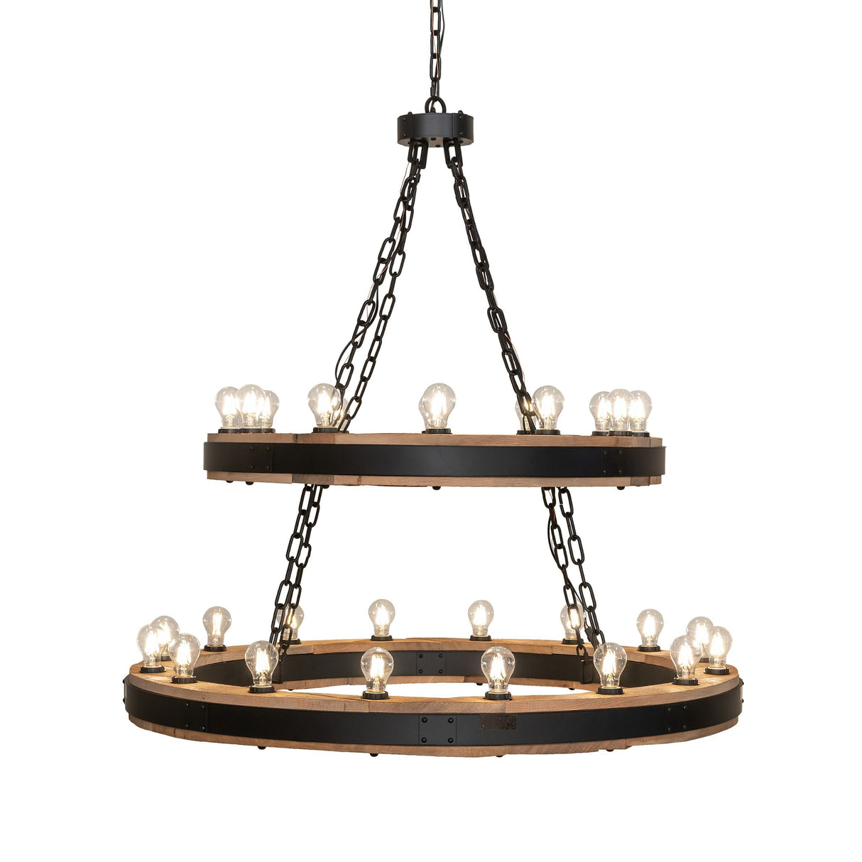 Side view of Dowling chandelier highlighting tiered ring design.