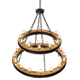 Top angle view showing lit Edison bulbs and wood rings.