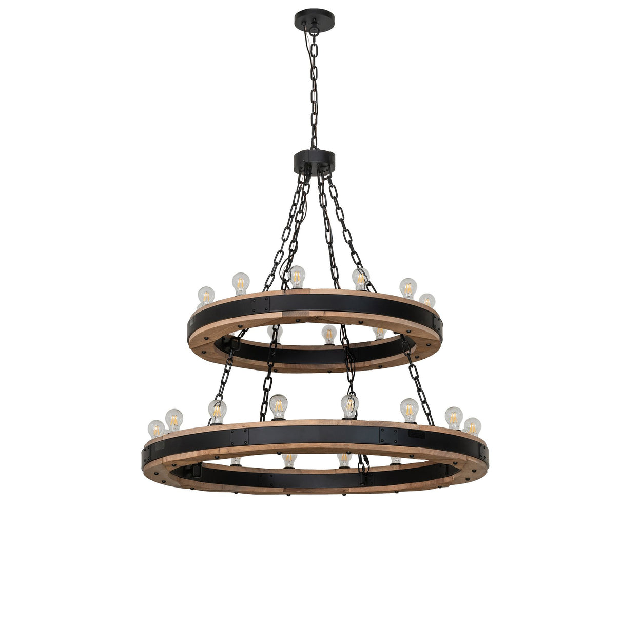 Unlit Dowling two-tier chandelier with wood and black metal rings.