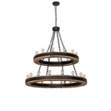Unlit Dowling two-tier chandelier with wood and black metal rings.