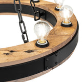 Close-up of Edison bulb mounted on rustic wood ring.