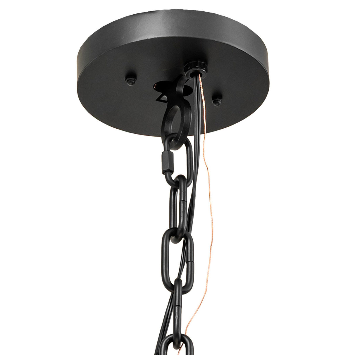 Ceiling canopy detail with chain and cord connection.