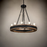 Lit Dowling 10-light chandelier creating warm ambient lighting.