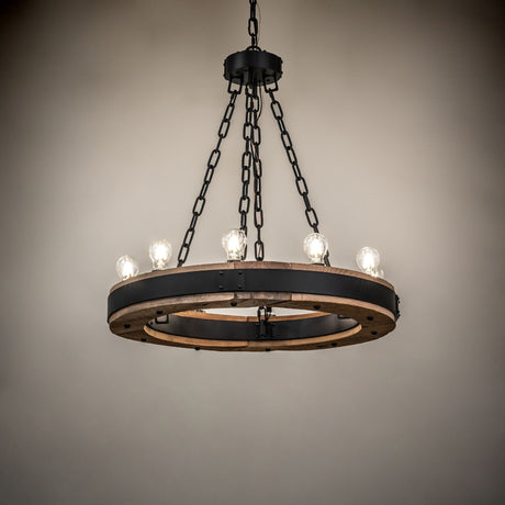 Lit Dowling 10-light chandelier creating warm ambient lighting.