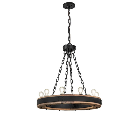 Front view of Dowling chandelier with illuminated Edison bulbs.