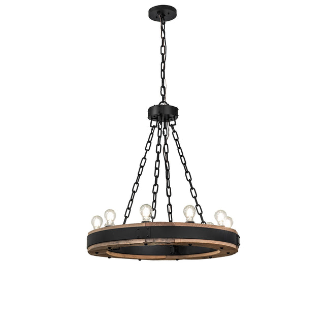 Front view of Dowling chandelier with illuminated Edison bulbs.