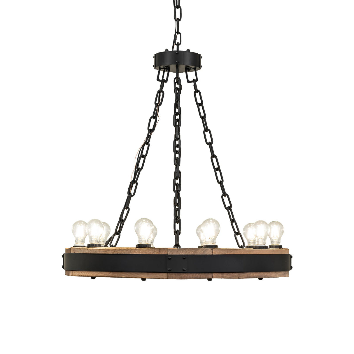 Side angle view of lit Dowling chandelier with circular wood frame.
