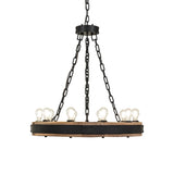 Side angle view of lit Dowling chandelier with circular wood frame.