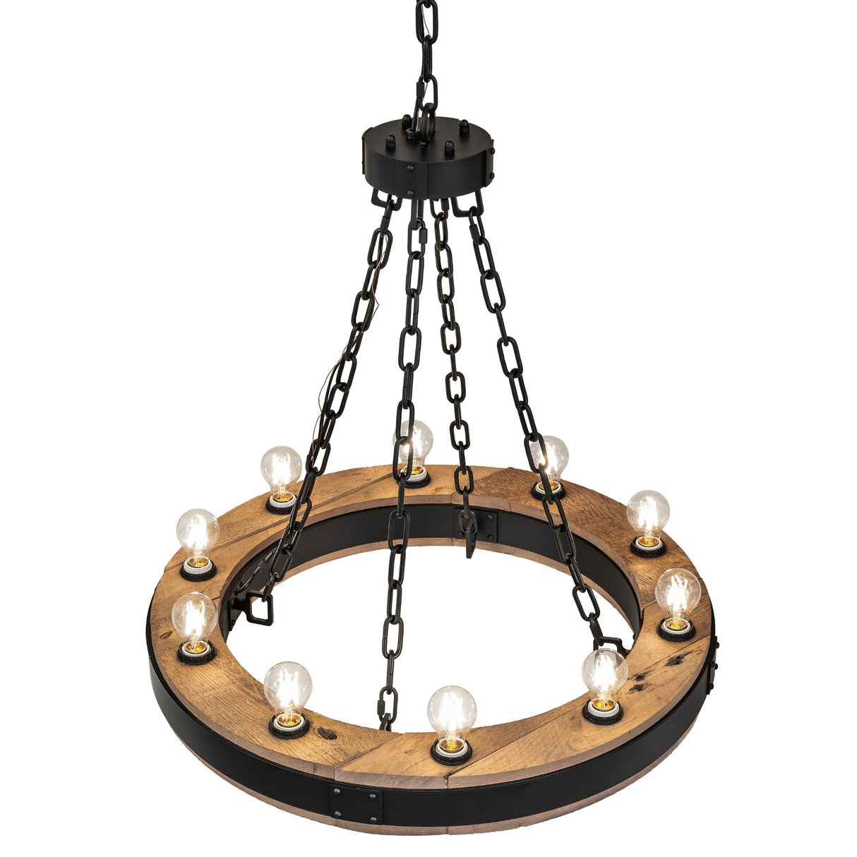 Top angle view showing chain suspension and glowing bulbs.