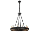 Dowling 10-light chandelier unlit showing wood ring and black metal band.