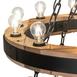 Close-up of lit Edison bulbs mounted on wood ring.