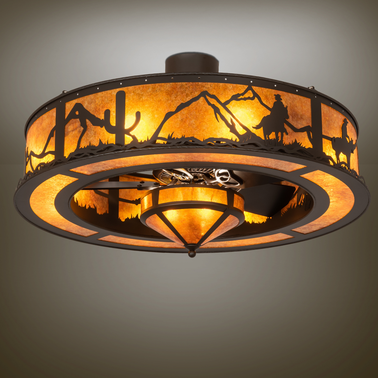 Amber-lit Duke Chandel-Air creating warm rustic atmosphere in dim room.