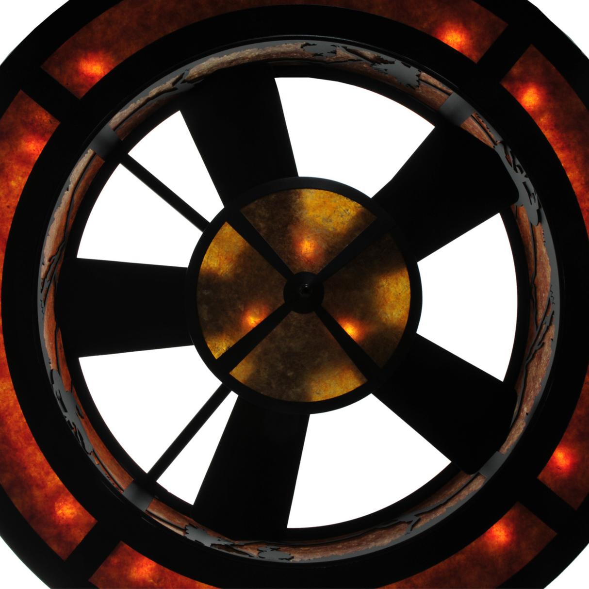 Bottom fan view showing bronze-finished blades and illuminated mica ring.