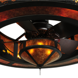 Bottom view highlighting integrated fan and illuminated lower mica shade.