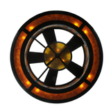 Lower angle view showing fan blades and glowing amber mica diffuser.