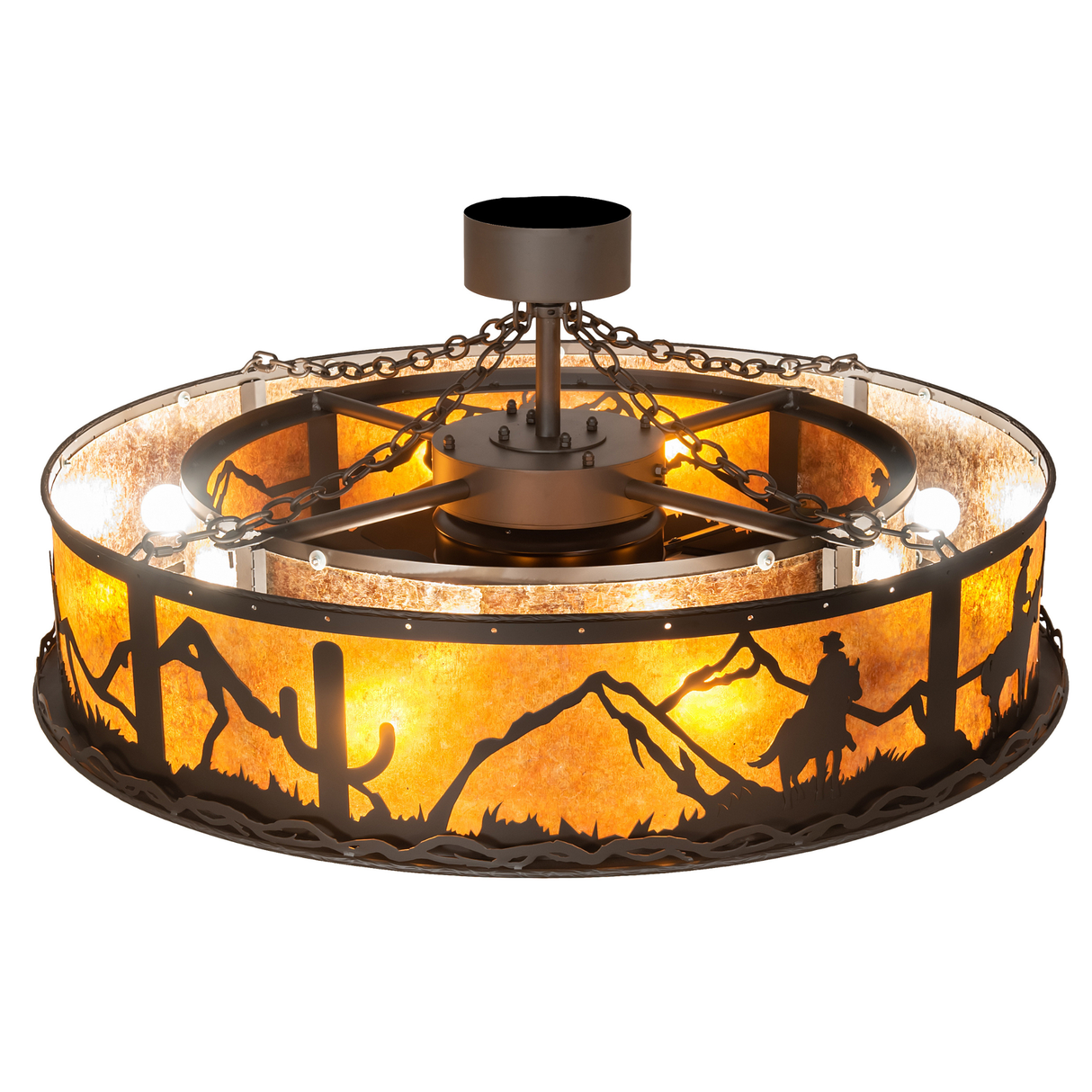Top view showing warm amber glow and metal chain structure.