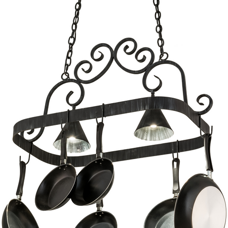 Angled illuminated view of Elana 2 Light Pot Rack highlighting downlights.