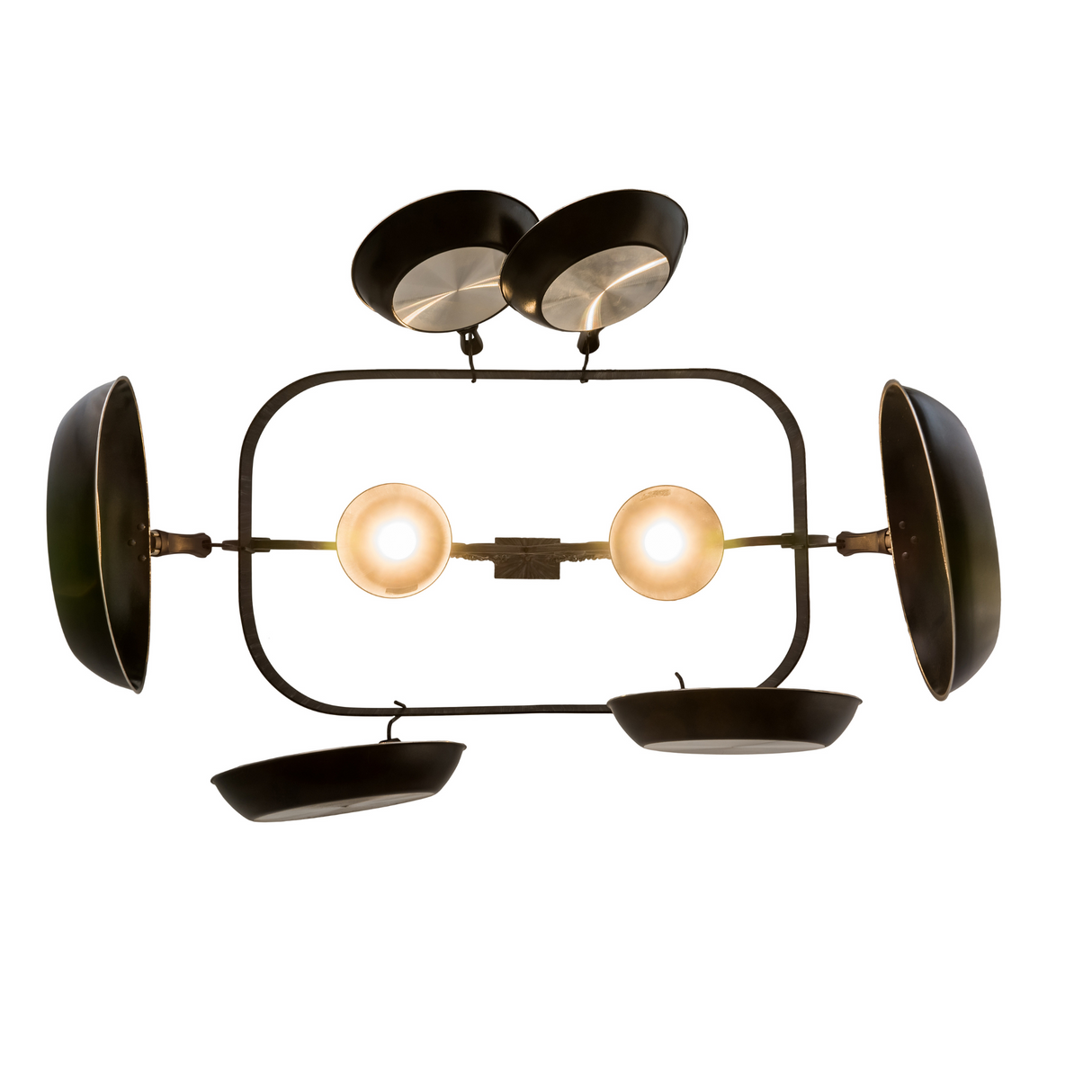 Bottom view of Elana 2 Light Pot Rack showcasing two downlights and pans.