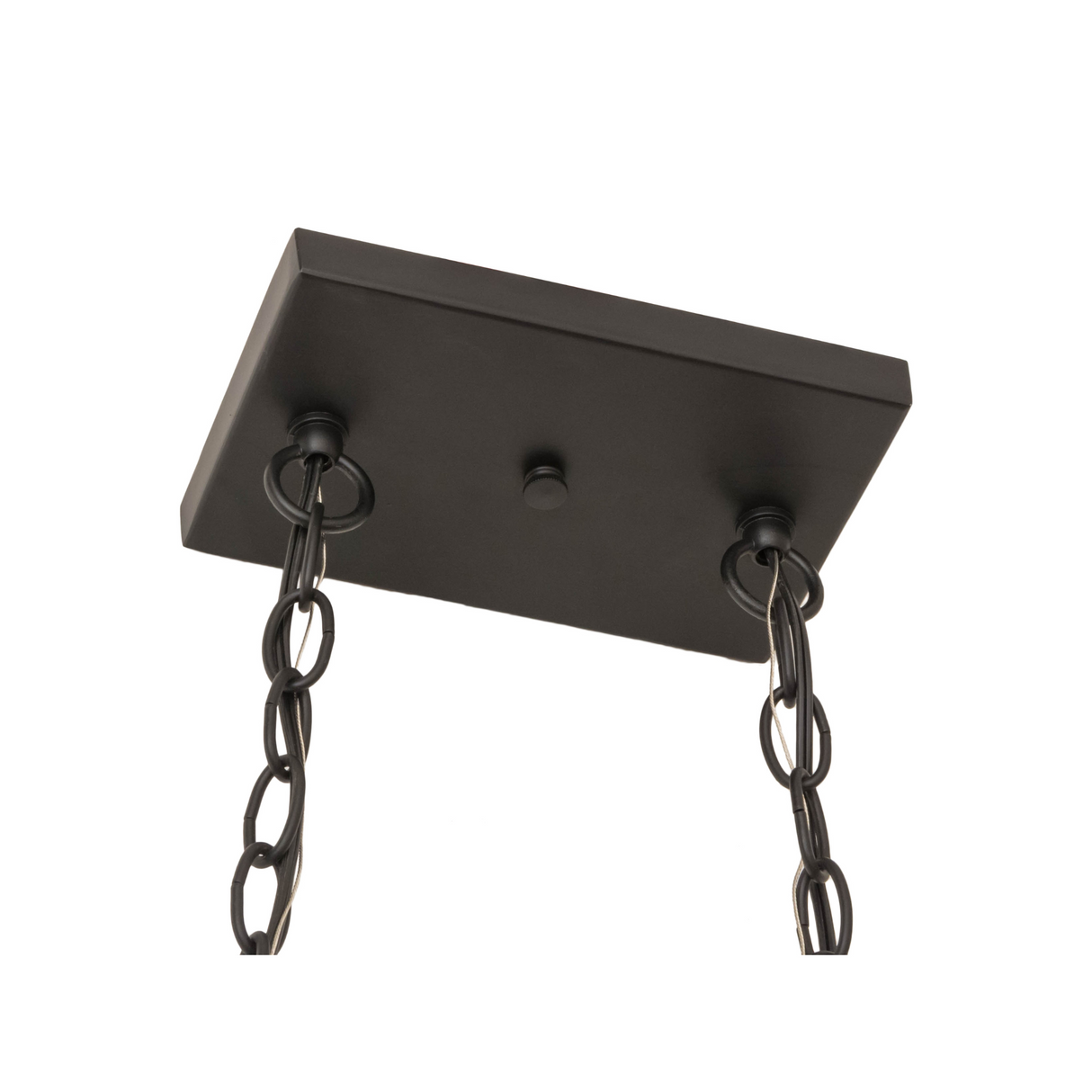 Closeup of ceiling canopy and dual chain suspension of Elana chandelier.