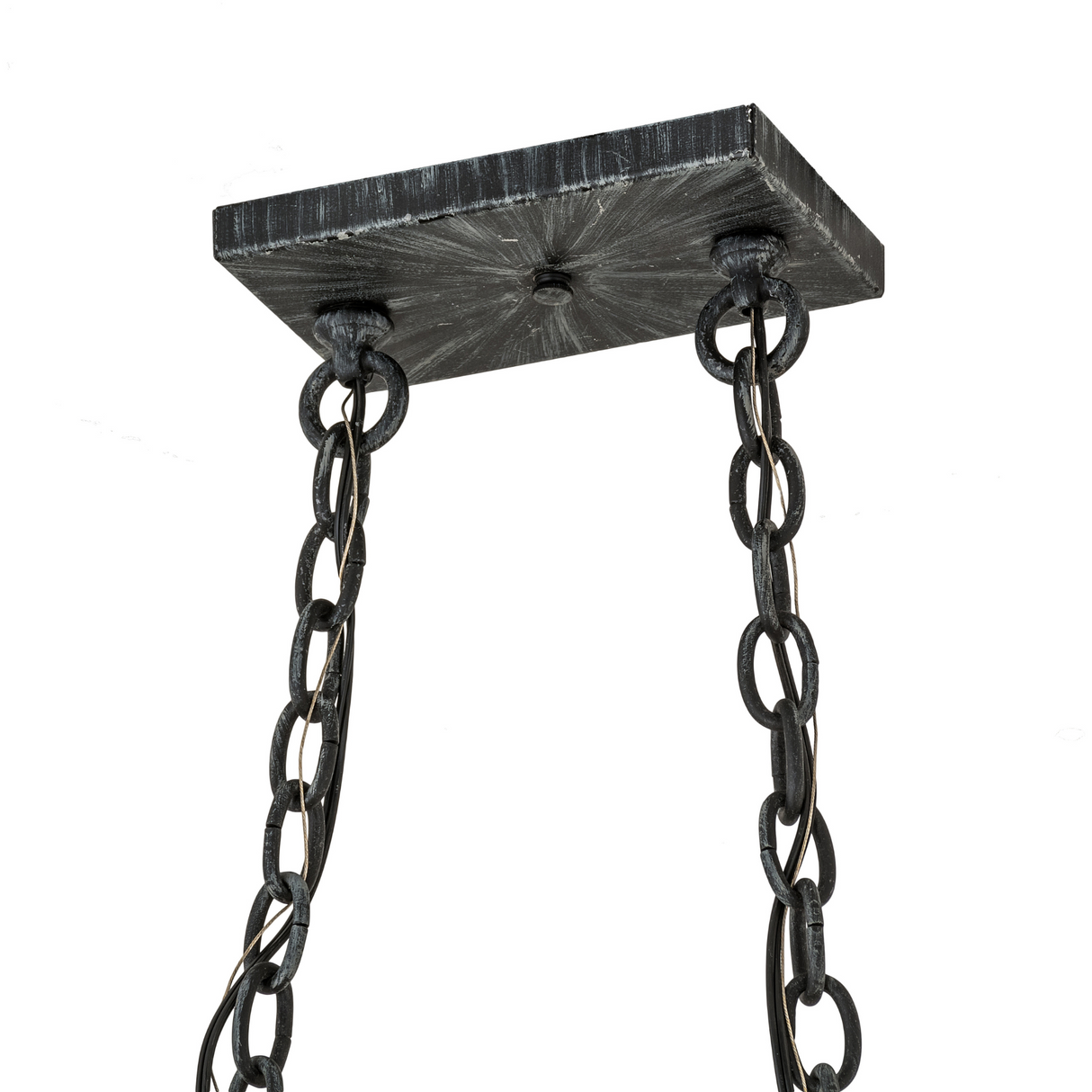Close-up of chain and mounting plate of Elana 2 Light Pot Rack chandelier.