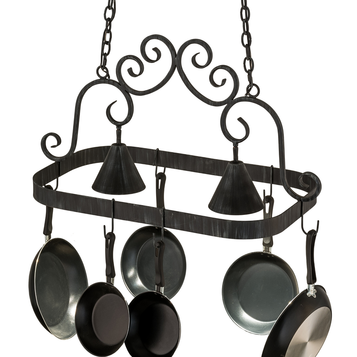 Angled view of Elana 2 Light Pot Rack showing scrollwork and lighting detail.