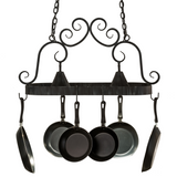 Elana 2 Light Pot Rack illuminated, front view with pans hanging below.