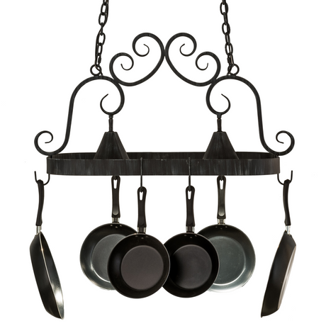 Elana 2 Light Pot Rack illuminated, front view with pans hanging below.