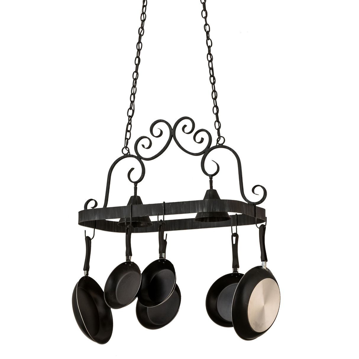 Front view of Elana 2 Light Pot Rack chandelier with pans displayed.