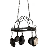 Front view of Elana 2 Light Pot Rack chandelier with pans displayed.