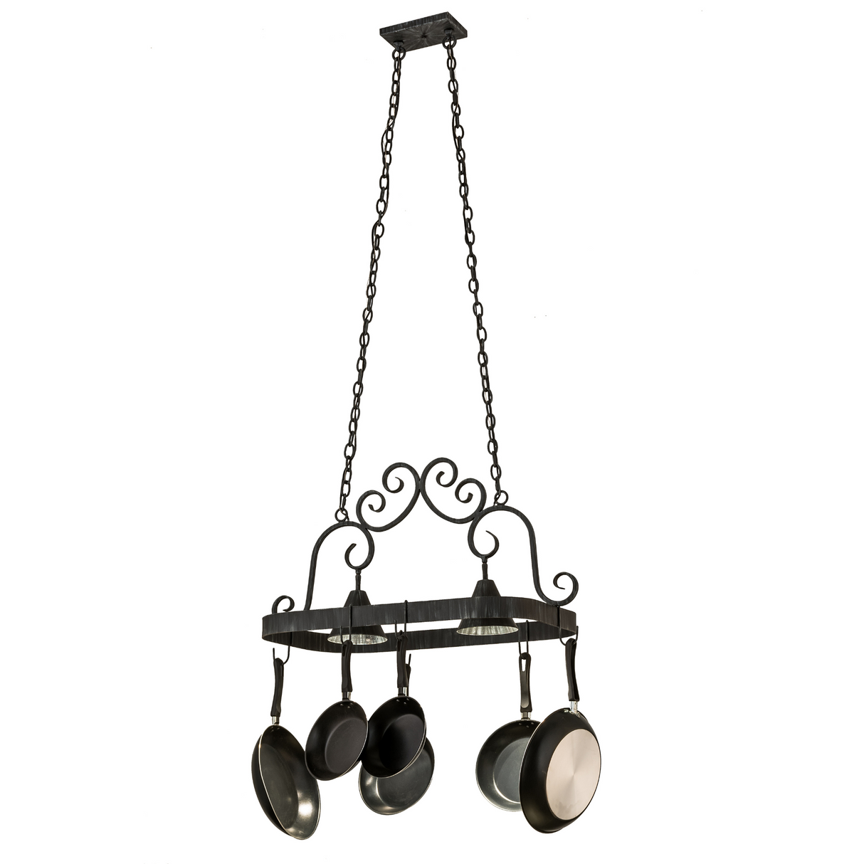 Elana 2 Light Pot Rack chandelier with scroll accents hanging from ceiling chains.