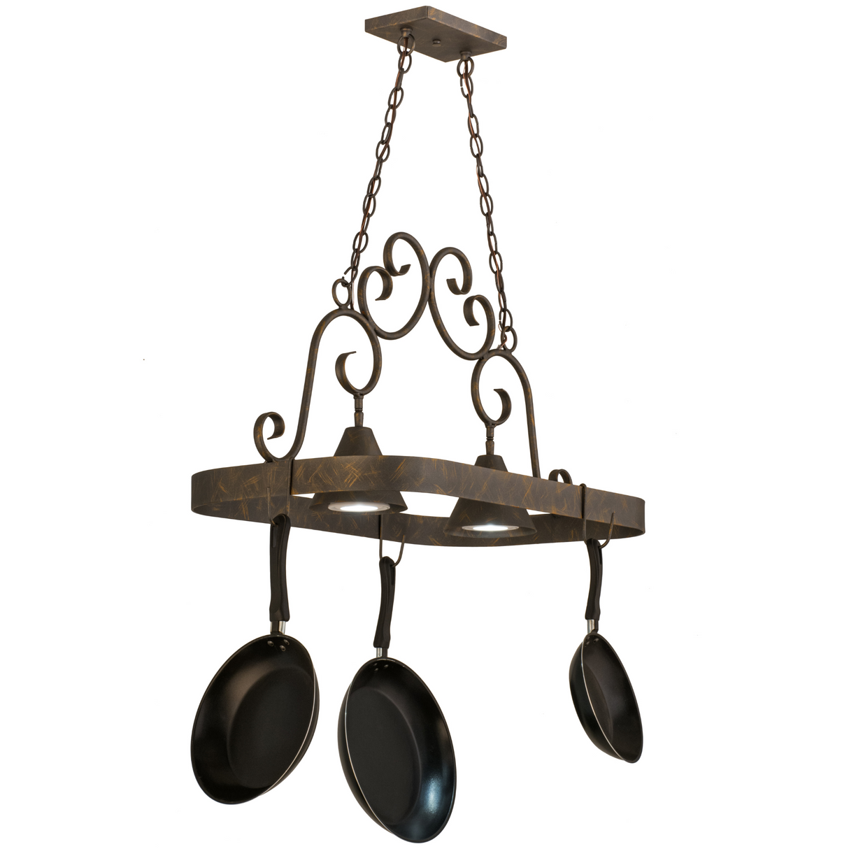 Lit Elana 2-light pot rack chandelier with scroll accents, angle view.