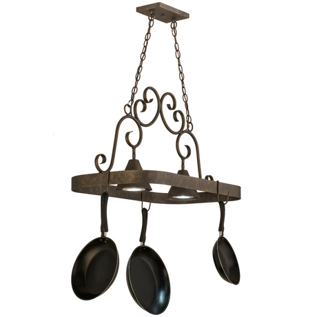 Lit Elana 2-light pot rack chandelier with scroll accents, angle view.