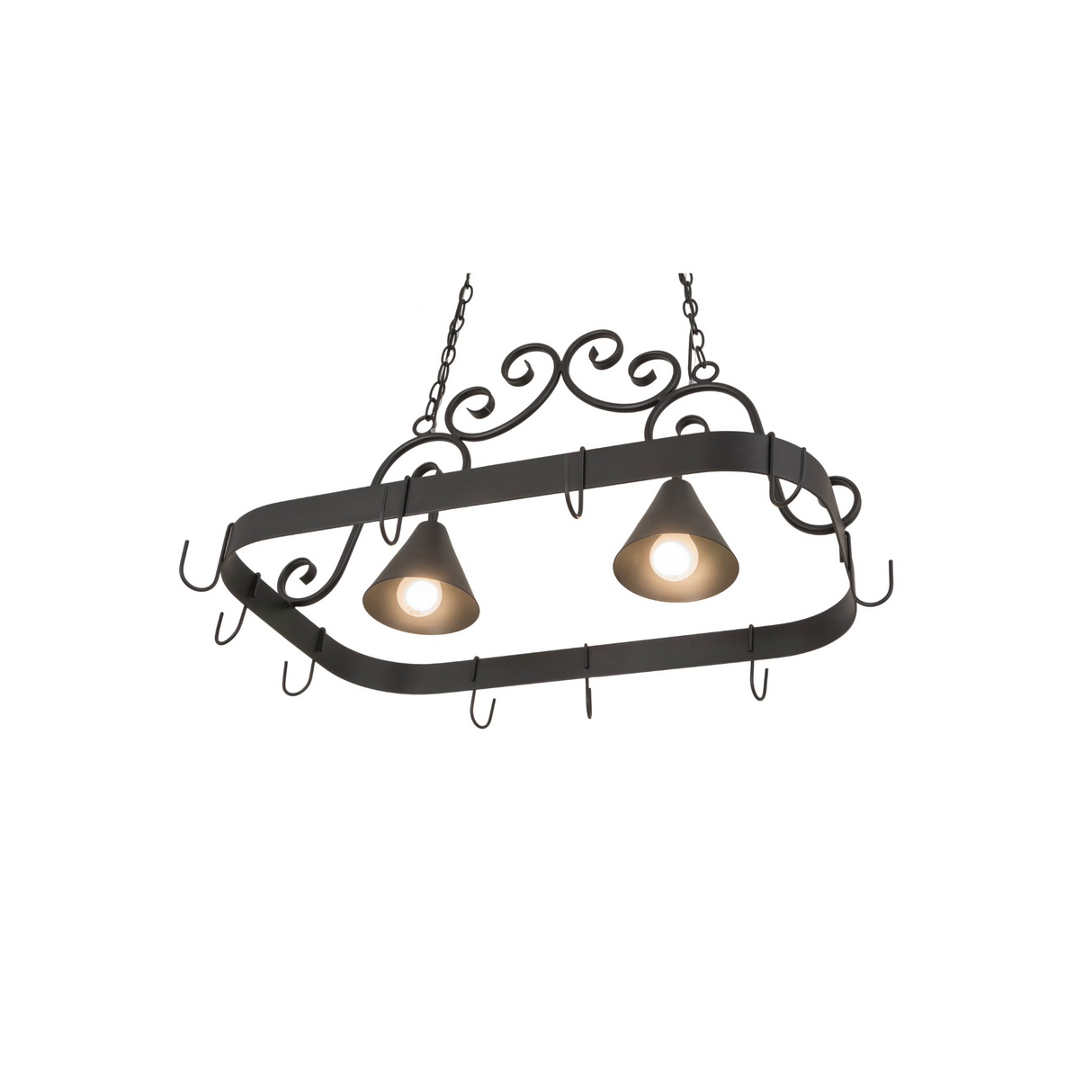 Elana pot rack chandelier lit at angle, showing bright downlighting effect.