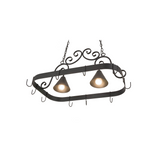 Elana pot rack chandelier lit at angle, showing bright downlighting effect.
