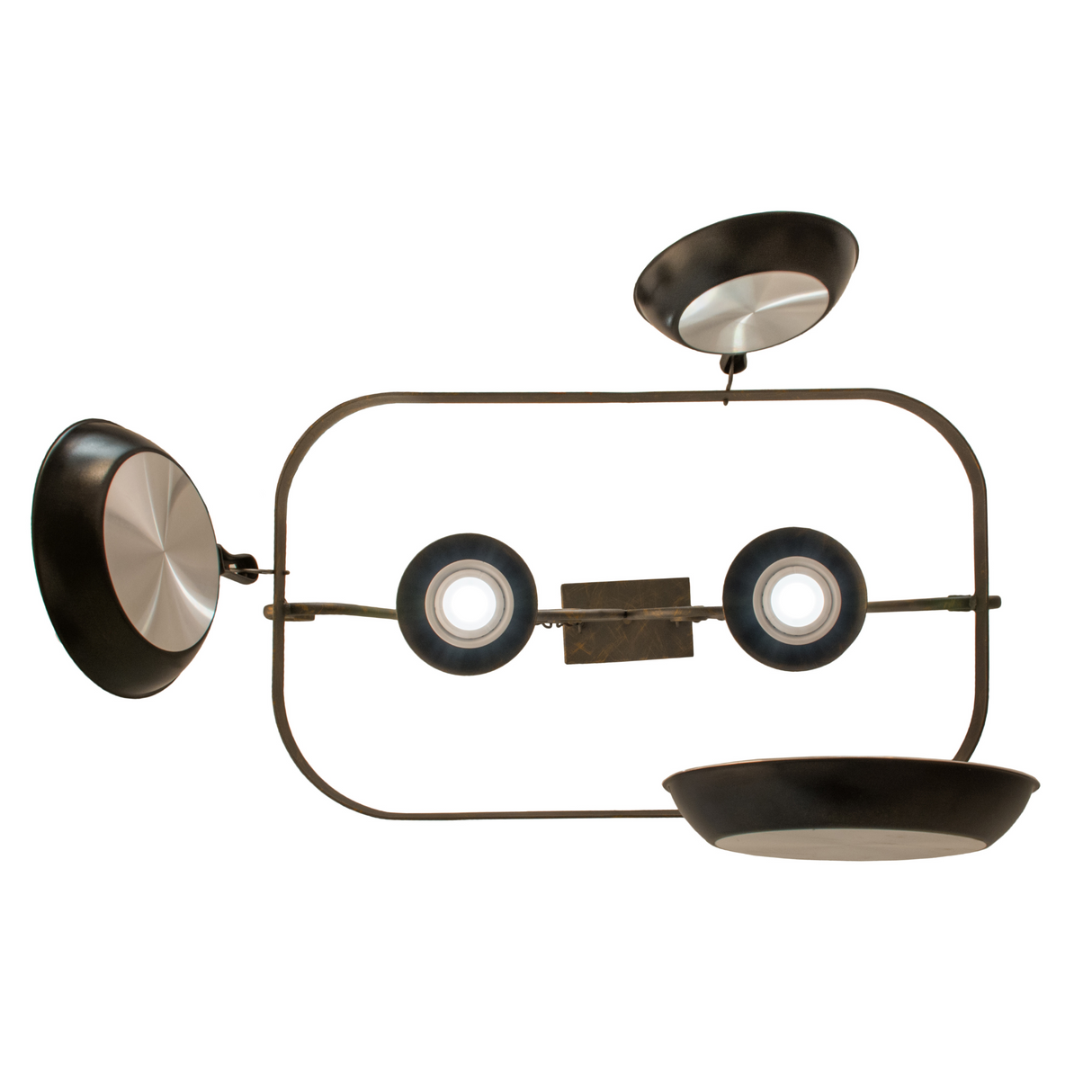 Bottom view of lit Elana pot rack showing glowing downlights.