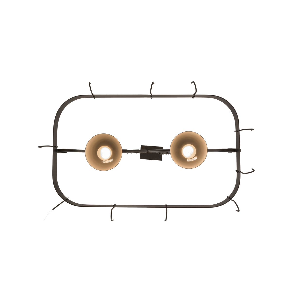 Bottom view of Elana pot rack displaying two cone-shaped light fixtures.