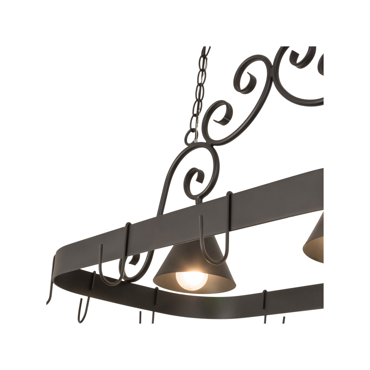 Closeup of light fixture and hooks on Elana blackwash pot rack chandelier.