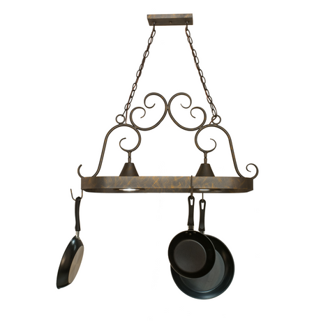 Front view of lit Elana 2-light pot rack with hanging pans.