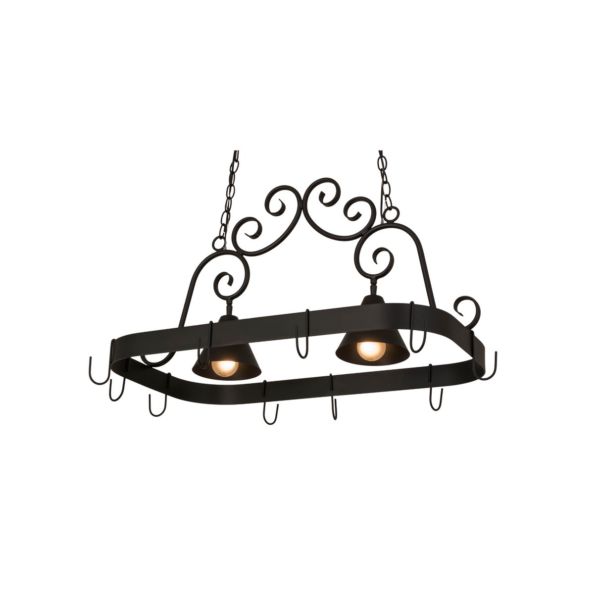 Elana 2-light pot rack chandelier lit, showing scroll accents and hooks.