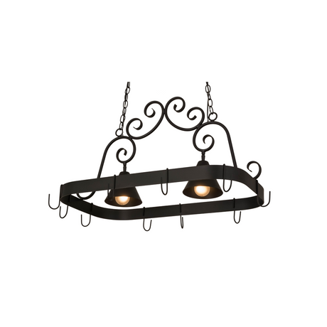 Elana 2-light pot rack chandelier lit, showing scroll accents and hooks.