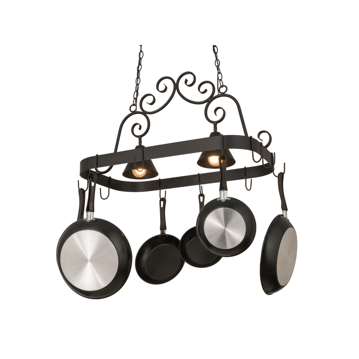 Elana 2-light pot rack displayed with cookware hanging from hooks.
