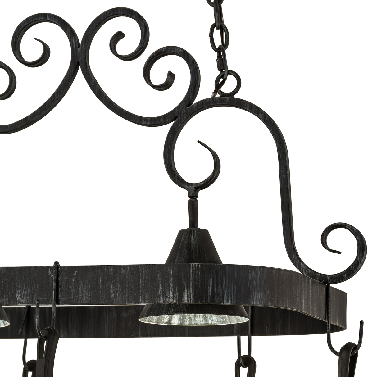 Detailed scrollwork and lamp design of Elana 2 Light Pot Rack chandelier.