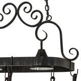 Detailed scrollwork and lamp design of Elana 2 Light Pot Rack chandelier.