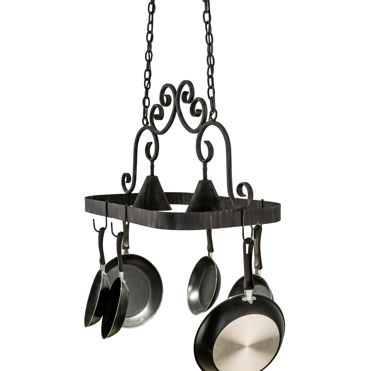 Close-up of scroll detail and downlight on Elana 2 Light Pot Rack.
