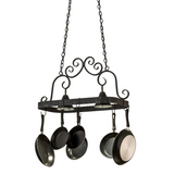 Side view of Elana 2 Light Pot Rack in antique iron finish with cookware.