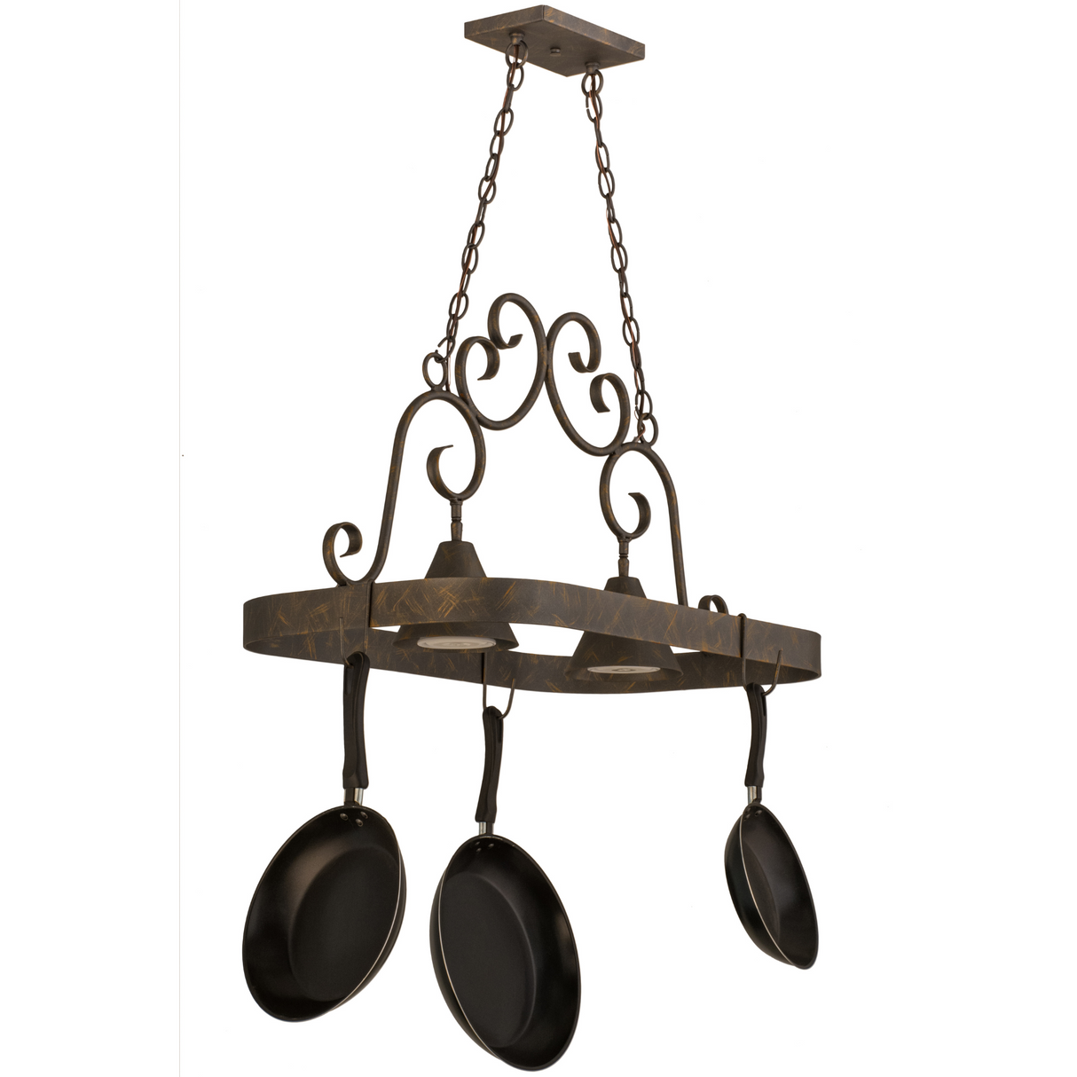 Unlit Elana 2-light pot rack showcasing French bronze finish, angled.