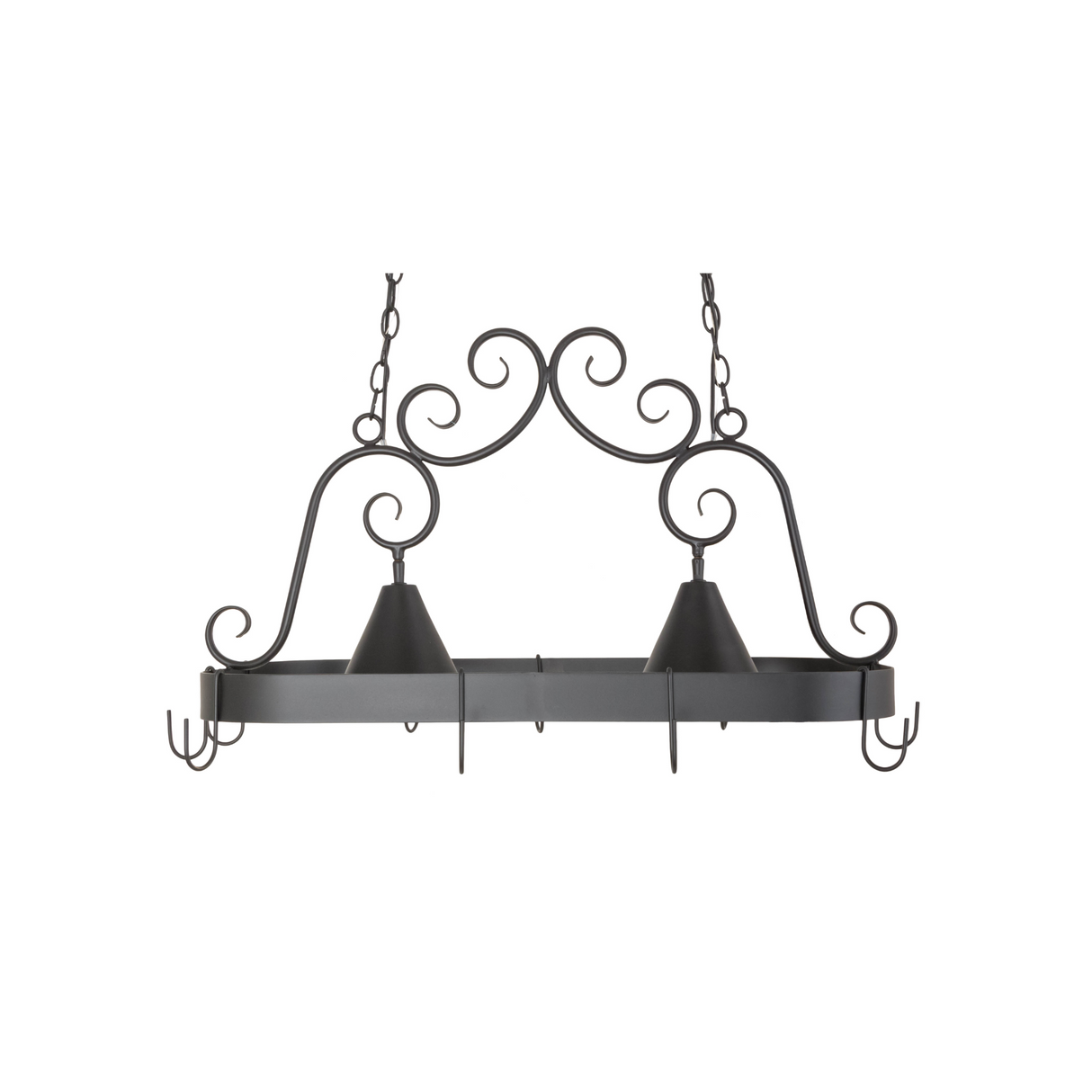 Angled view of Elana pot rack with scroll accents and two downlights.