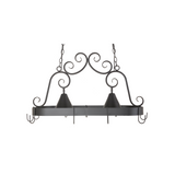 Angled view of Elana pot rack with scroll accents and two downlights.