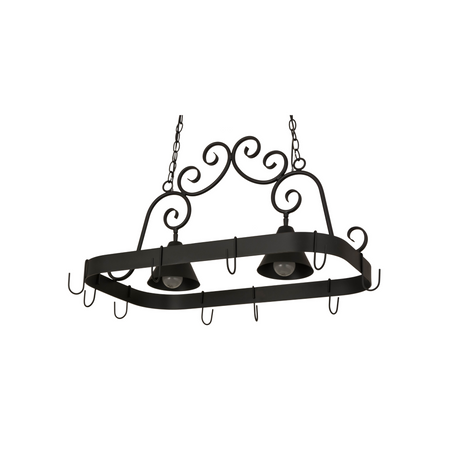Elana 2-light pot rack chandelier unlit, highlighting clean iron frame design.